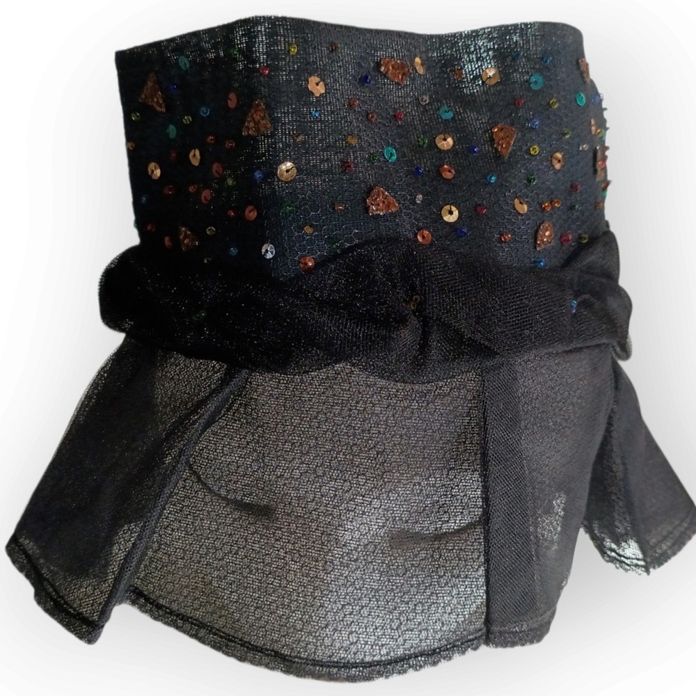 Vintage Black Mesh Fascinator Hat with Multicolor Sequins and Sheer Veil